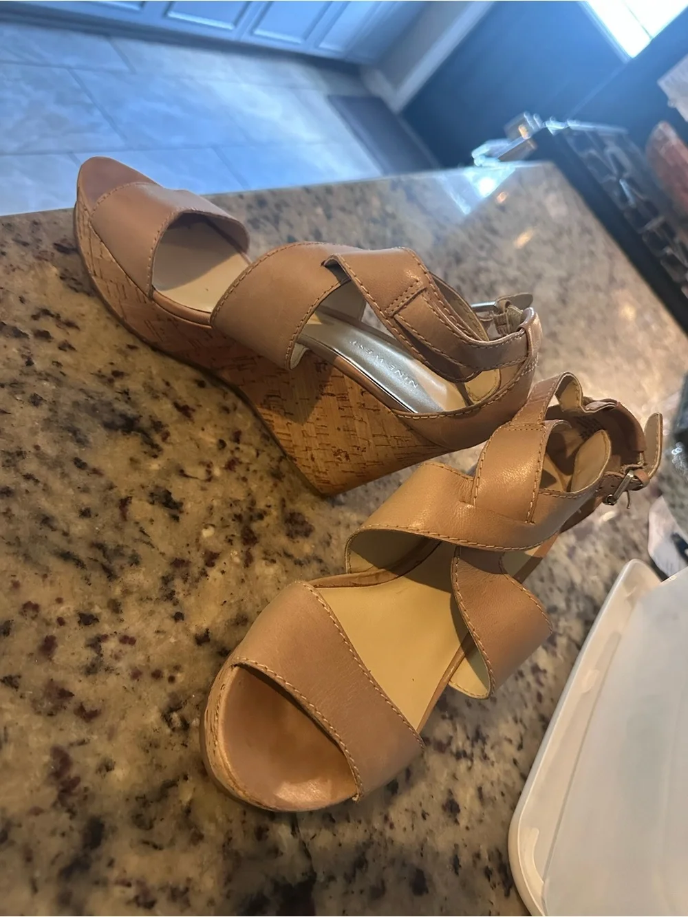 Nine West Tan Leather Crisscross Wedge Sandals